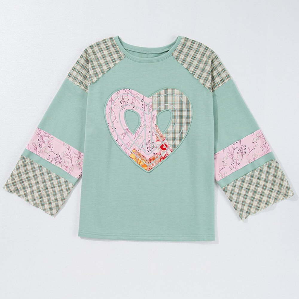 B216 Aqua Plaid Floral Patchwork Heart Long Sleeve Top - Picture 4 of 5